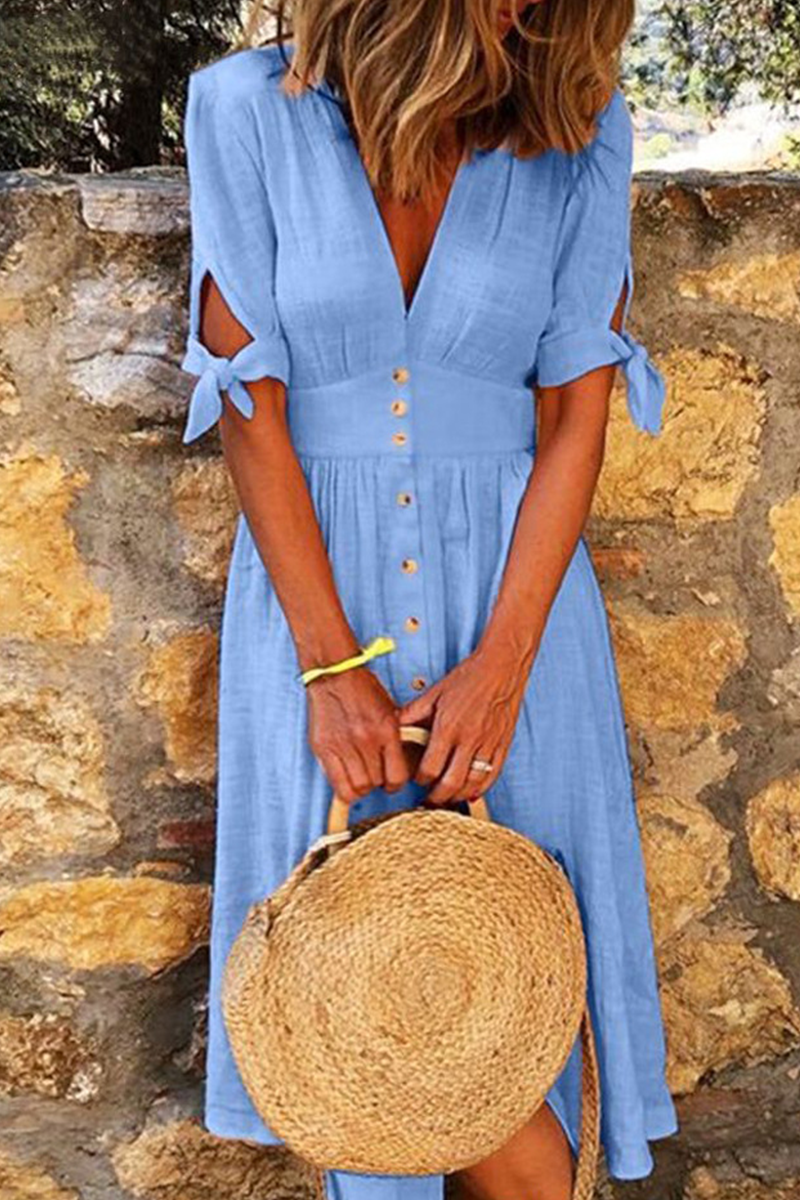 Women's Midi Dress - Button-Down V-Neck - Short Sleeve Tie Cuff - Lightweight Breathable