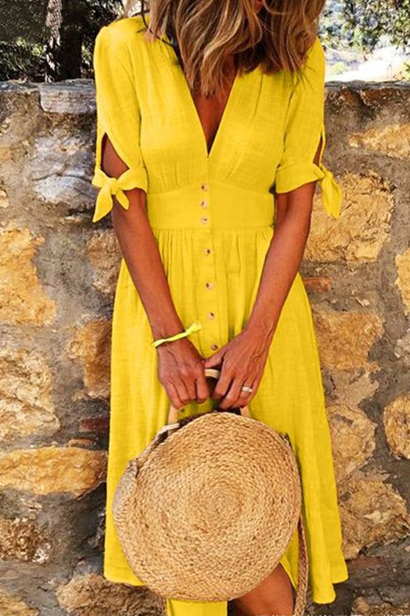 Women's Midi Dress - Button-Down V-Neck - Short Sleeve Tie Cuff - Lightweight Breathable