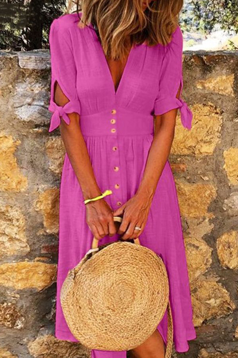 Women's Midi Dress - Button-Down V-Neck - Short Sleeve Tie Cuff - Lightweight Breathable