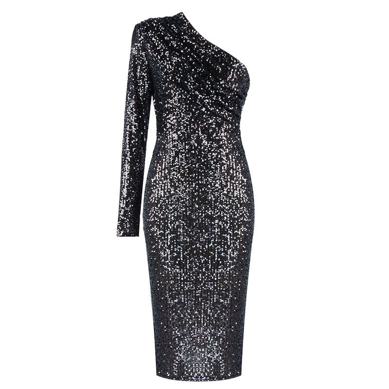 Women’s Evening Dress – One Shoulder – Sequin Embellished – Fitted Stretch Design
