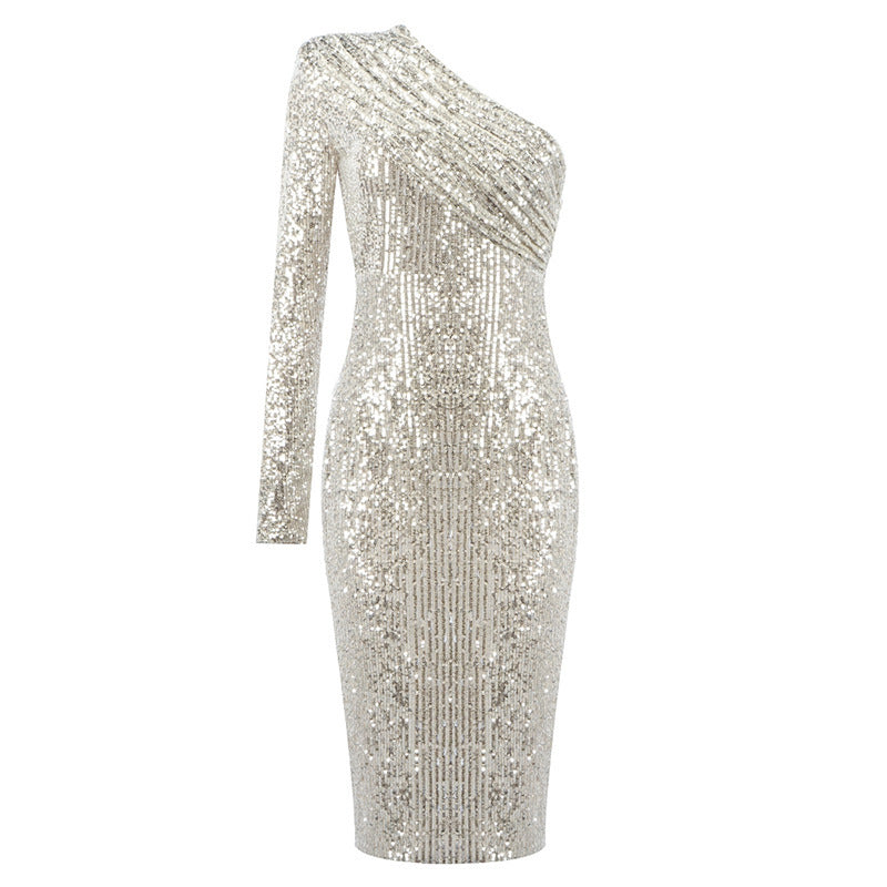 Women’s Evening Dress – One Shoulder – Sequin Embellished – Fitted Stretch Design