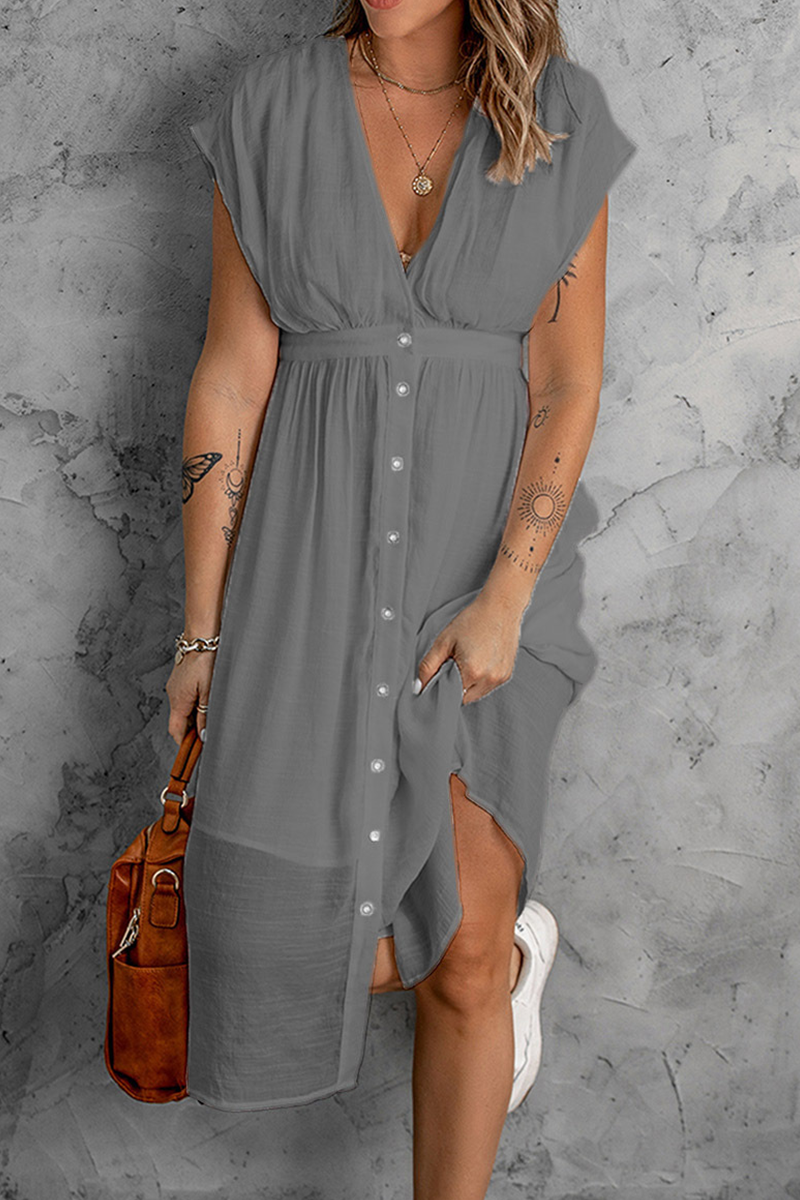 Women's V-Neck Button-Down Dress - Short Cap Sleeves - Cinched Waist - Flowy Knee-Length