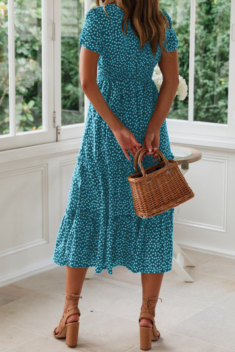 Women's Midi Dress - Square Neck - Short Sleeve - Tiered A-Line Silhouette - Polka Dot Pattern