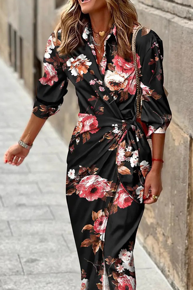 Women's Wrap Dress - Long Sleeve Collared - Ruched Waist - Elegant Floral Print
