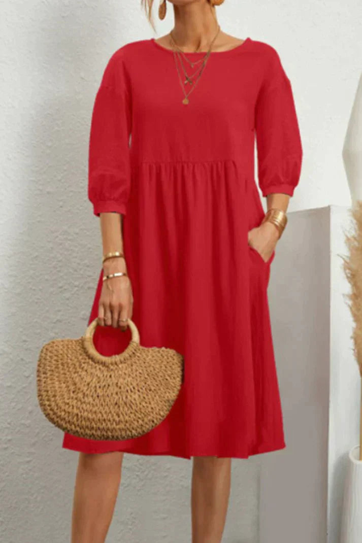 Women's Linen Midi Dress - A-Line Loose Fit - Long Sleeve with Pockets - Casual Wear