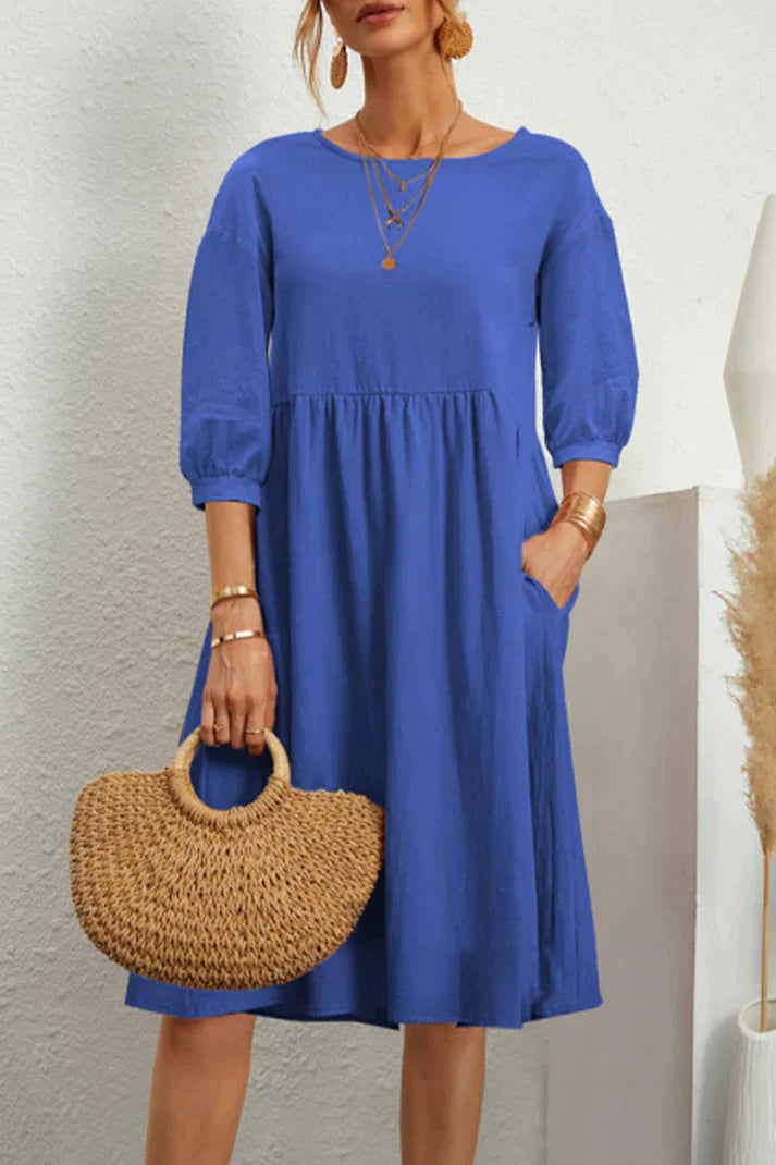 Women's Linen Midi Dress - A-Line Loose Fit - Long Sleeve with Pockets - Casual Wear
