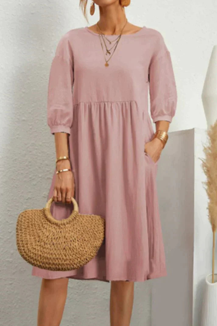 Women's Linen Midi Dress - A-Line Loose Fit - Long Sleeve with Pockets - Casual Wear