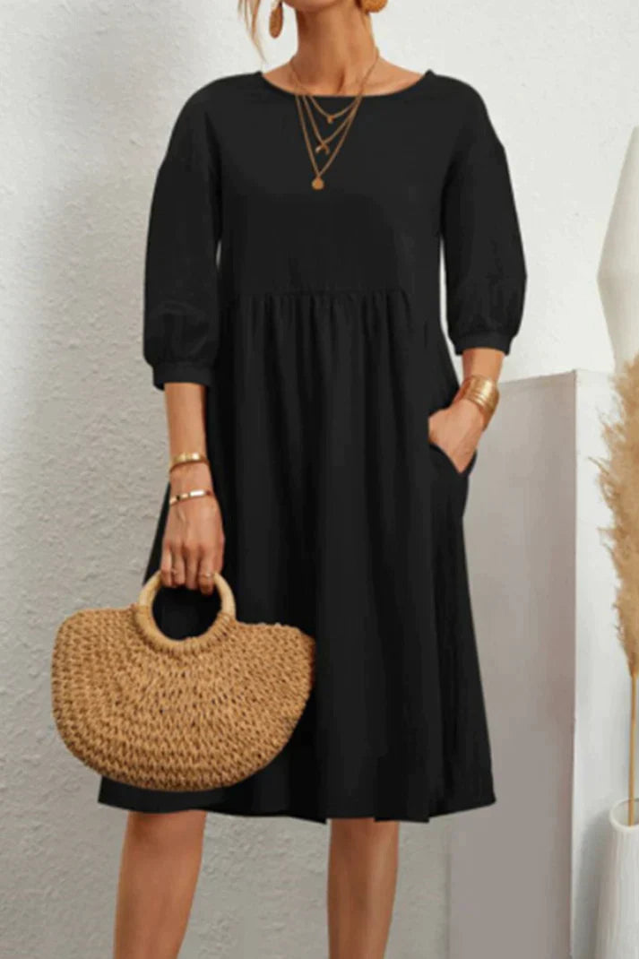 Women's Linen Midi Dress - A-Line Loose Fit - Long Sleeve with Pockets - Casual Wear