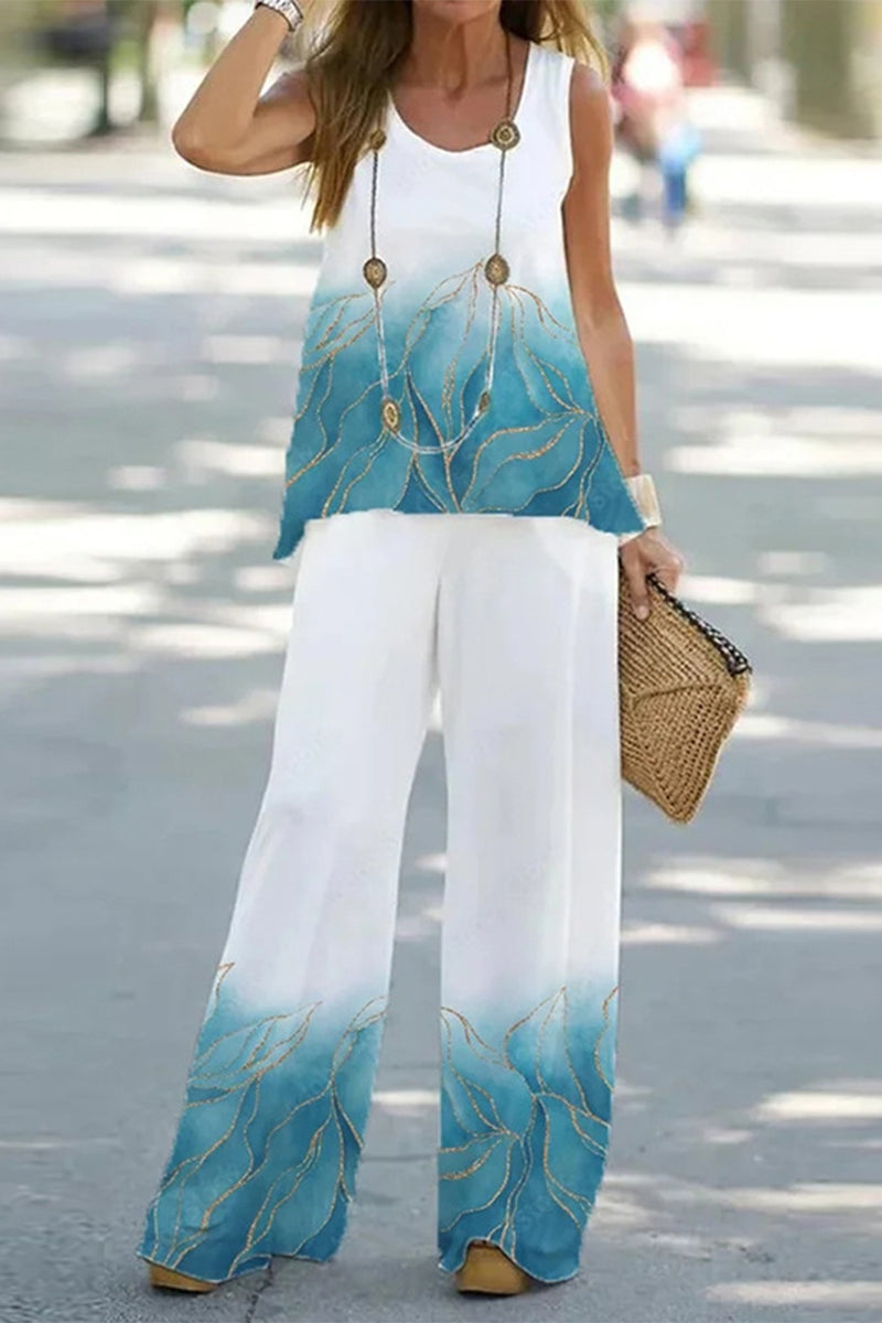 Women's Two-Piece Set - Sleeveless Top & Wide-Leg Trousers - Botanical Print - Relaxed Fit