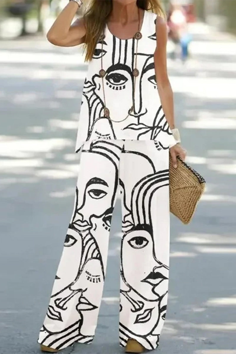 Women's Two-Piece Set - Sleeveless Top & Wide-Leg Trousers - Botanical Print - Relaxed Fit