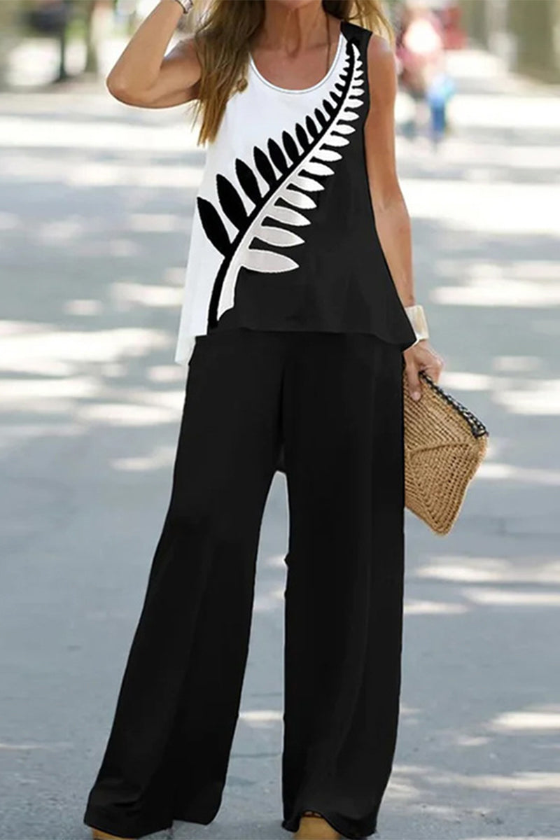 Women's Two-Piece Set - Sleeveless Top & Wide-Leg Trousers - Botanical Print - Relaxed Fit