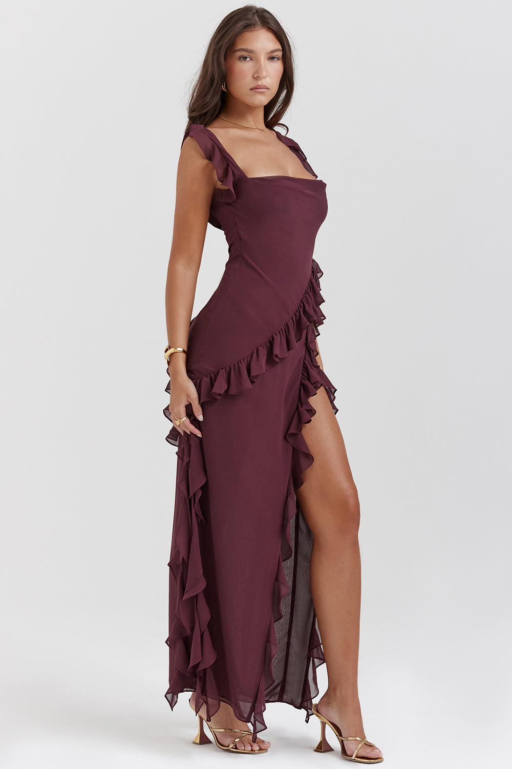 Women’s Melantha Dress – Adjustable Straps – Ruffle Detail – High Slit – Elegant Fit