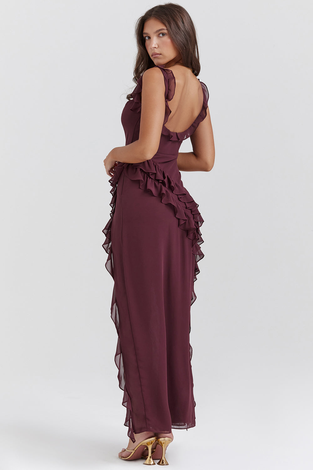 Women’s Melantha Dress – Adjustable Straps – Ruffle Detail – High Slit – Elegant Fit