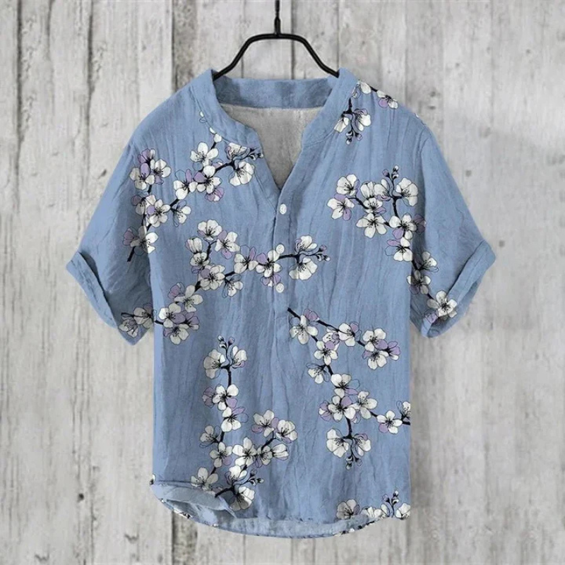 Men’s Casual Shirt – Relaxed Fit – Short Sleeve – Henley Neck – Artistic Cat Graphic