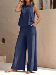 Women's Two-Piece Set - Sleeveless Loose Fit Top & Wide-Leg High-Waisted Trousers