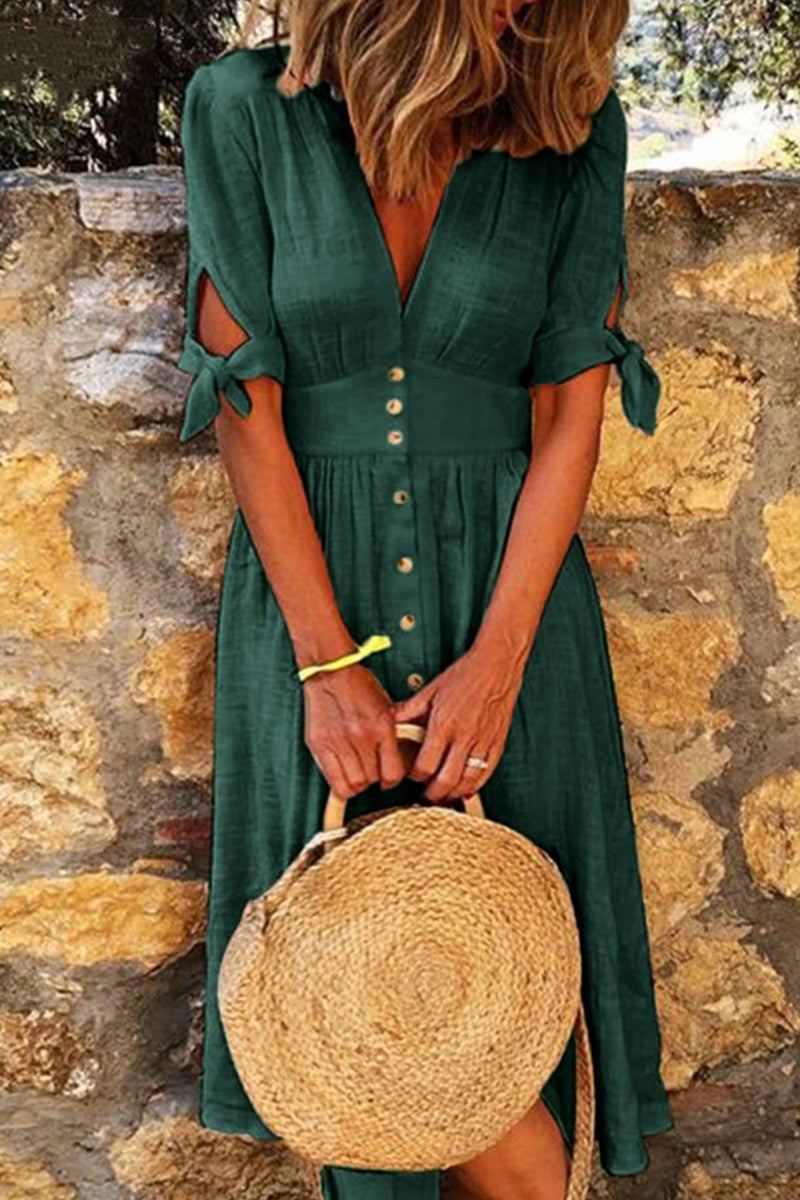 Women's Midi Dress - Button-Down V-Neck - Short Sleeve Tie Cuff - Lightweight Breathable