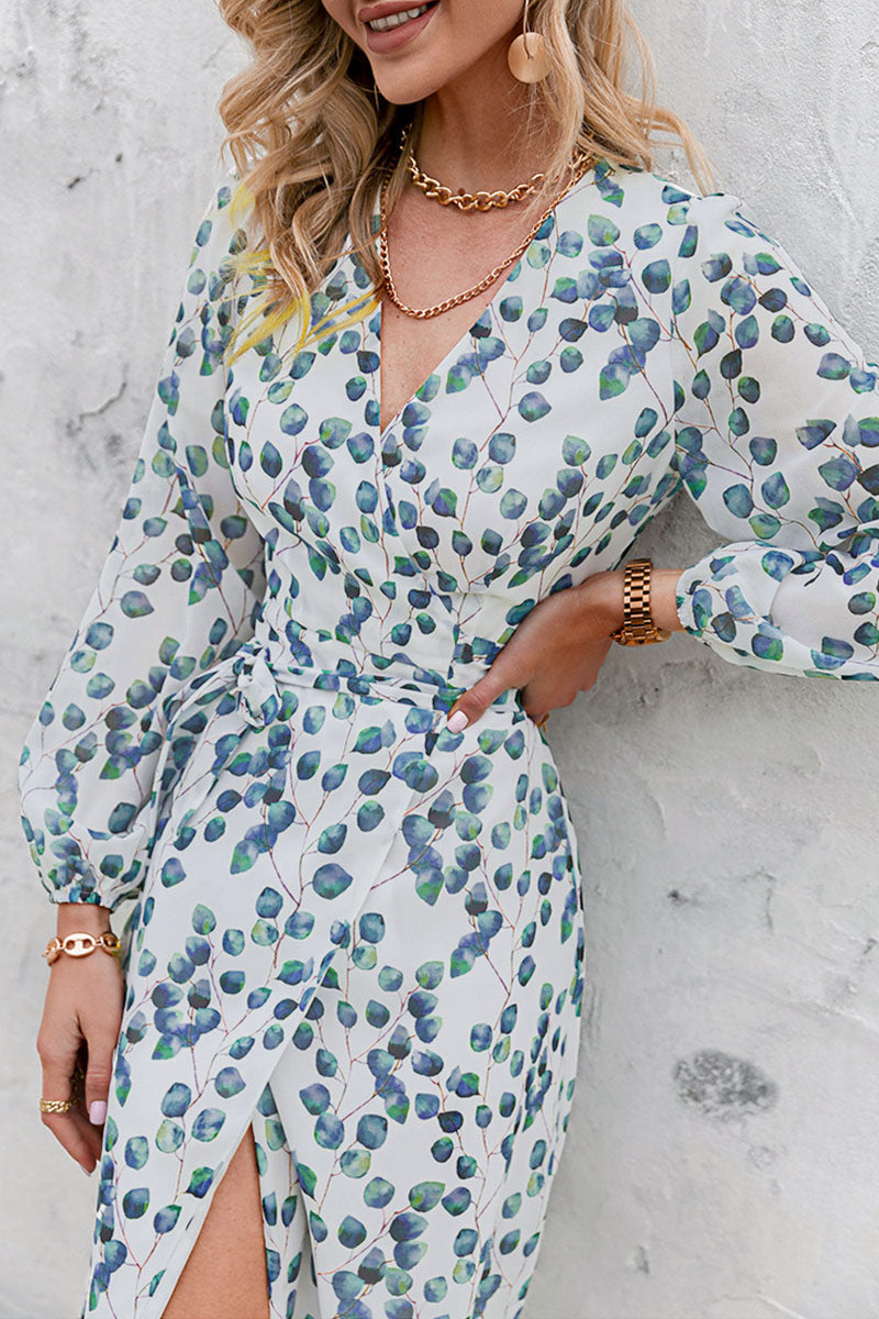 Women's Wrap Dress - V-Neck Long Sleeve - Tie Waist Leaf Print - Flowy Maxi Style