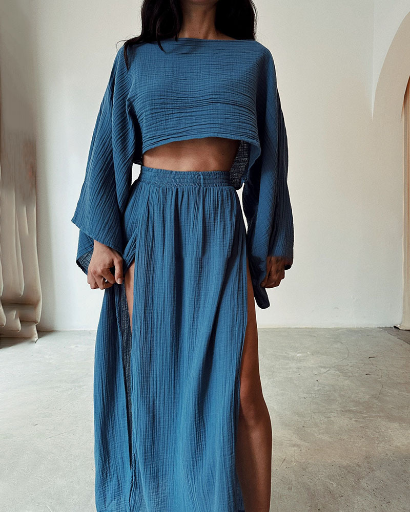 Women's Two-Piece Set - Off-Shoulder Long Sleeve Top & High-Waisted Maxi Skirt