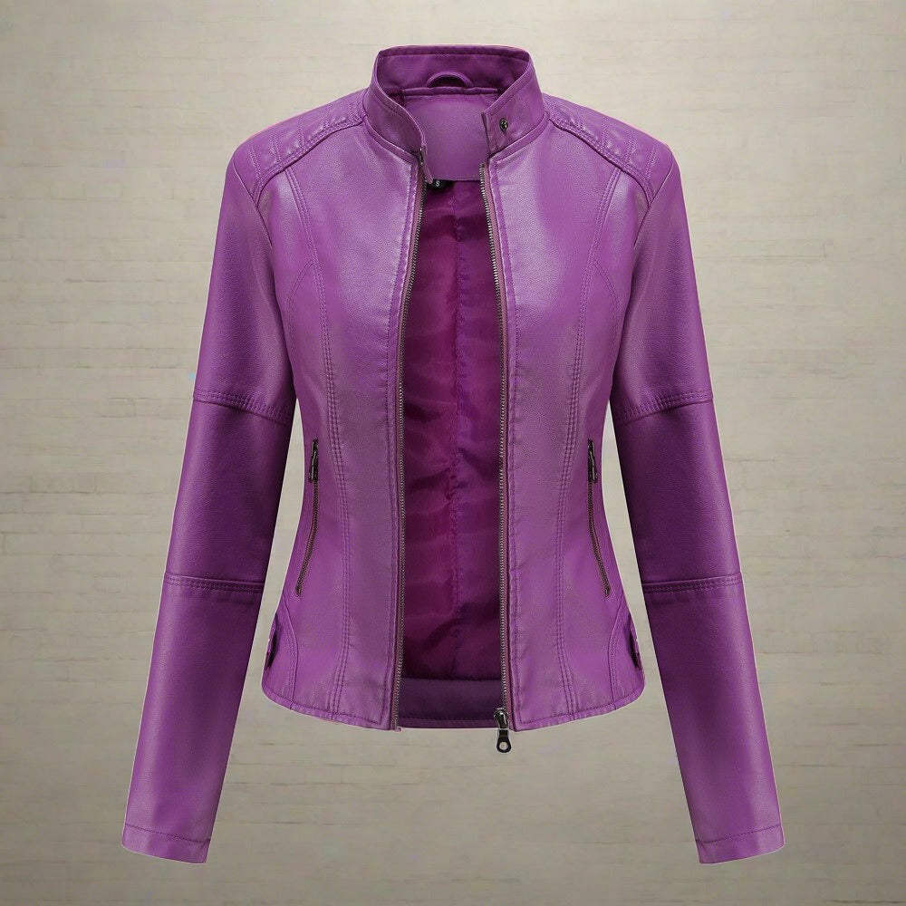 Women’s Jacket – Slim Fit – Biker Style – Zippered Pockets – Band Collar