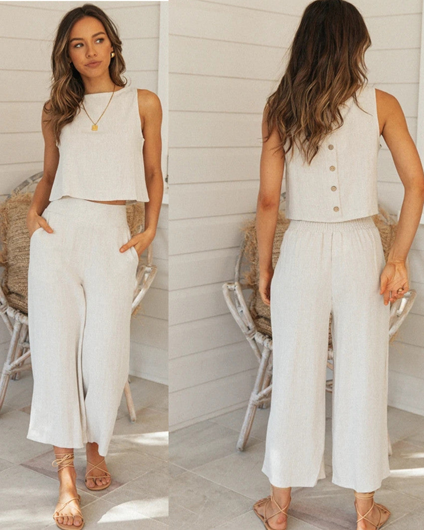 Women’s Lounge Set – Sleeveless Crop Top – Wide Leg Pants – Lightweight Cotton Blend