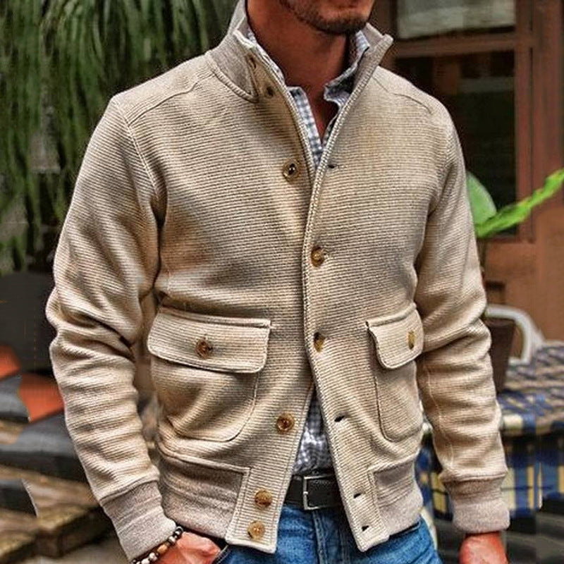 Men’s Jacket – Slim Fit – Textured Fabric – High Collar – Button Front – Flap Pockets