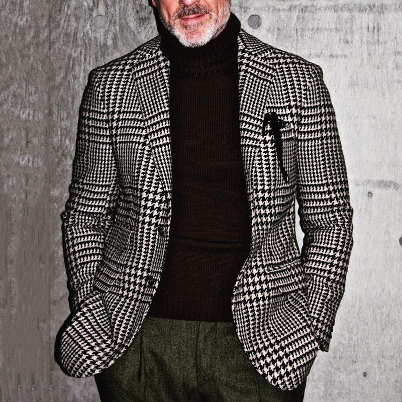 Men’s Blazer – Slim Fit Wool Blend – Houndstooth Pattern – Single Breasted Formal