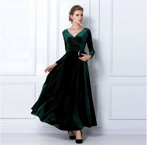 Women’s Evening Dress – Velvet Texture – A-Line Fit – Deep V-Neck – Long Sleeve