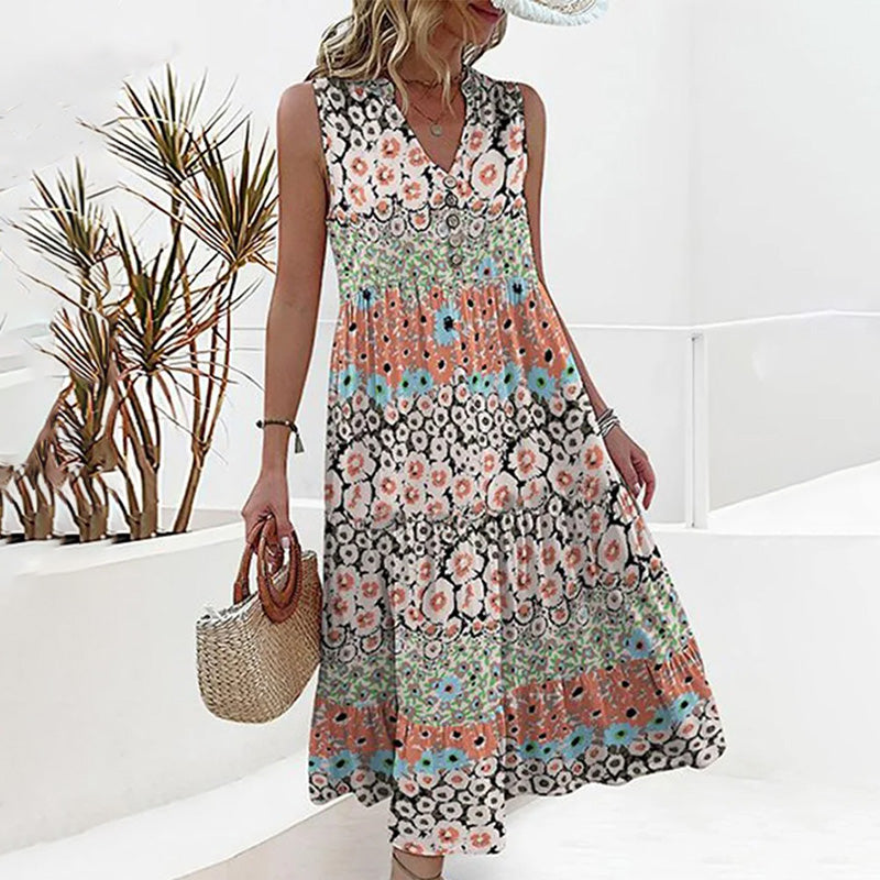 Women's Maxi Dress - Sleeveless V-Neck - Button Front - Lightweight Tiered Flowy