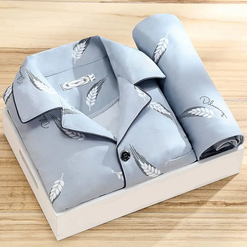 Men’s Pajama Set – Relaxed Fit – Silky Feel – Button-Up Long Sleeve Shirt