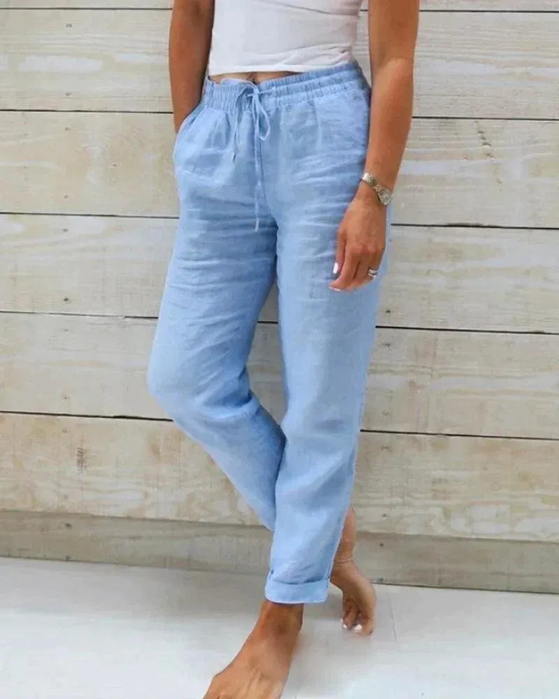 Women's Trousers - Cotton - Relaxed Fit - Elastic Waist with Drawstring - Lightweight