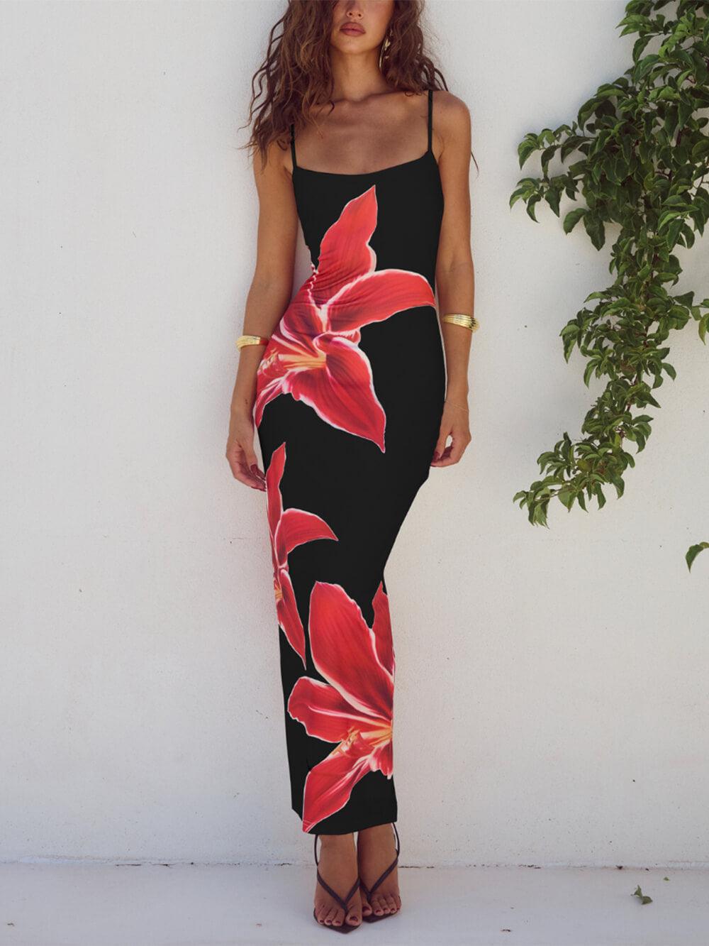 Women’s Maxi Dress – Sleeveless – Spaghetti Straps – Floral Print – Elegant Fit