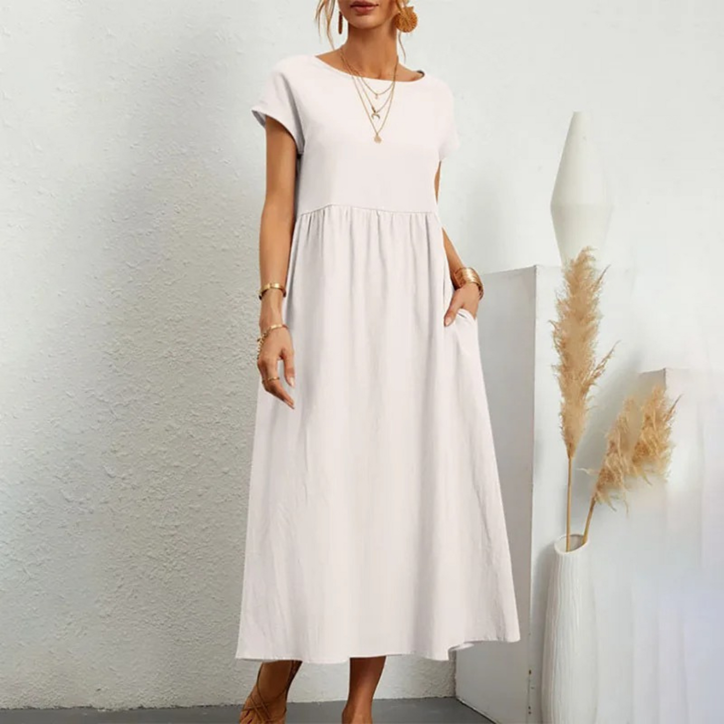 Women's Linen Maxi Dress - Short Sleeve - Round Neck - Empire Waist - Relaxed Fit