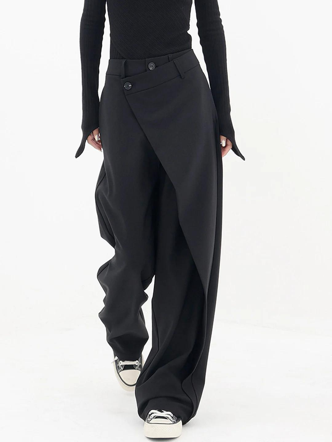 Women’s Wide-Leg Trousers - High Waist - Asymmetric Wrapover - Button Detail - Side Pockets