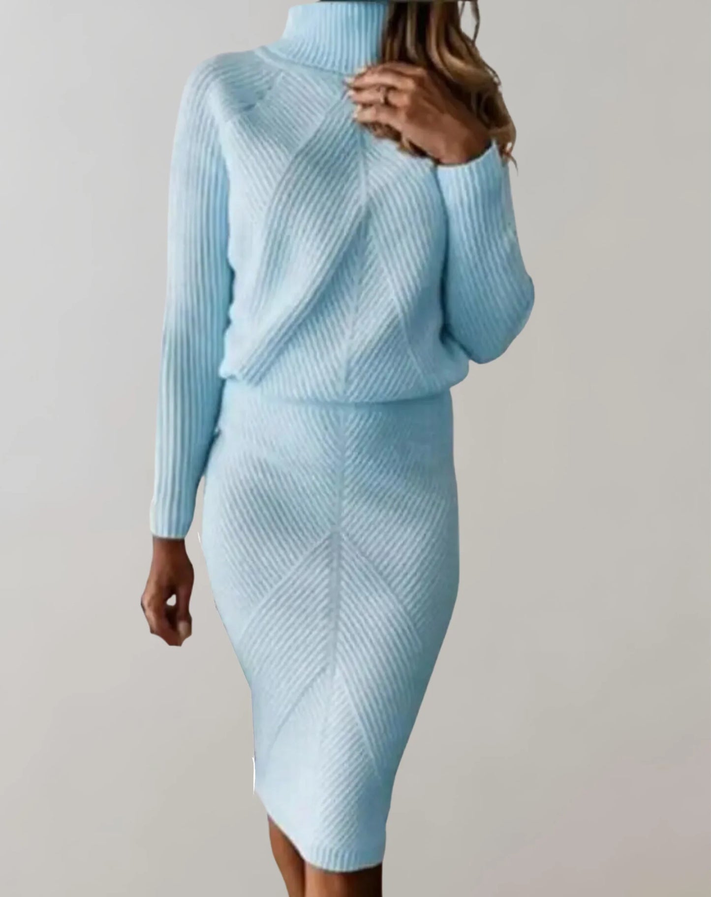 Women’s Two-Piece Set – Slim Fit Ribbed Knit – Turtleneck Sweater & Midi Skirt