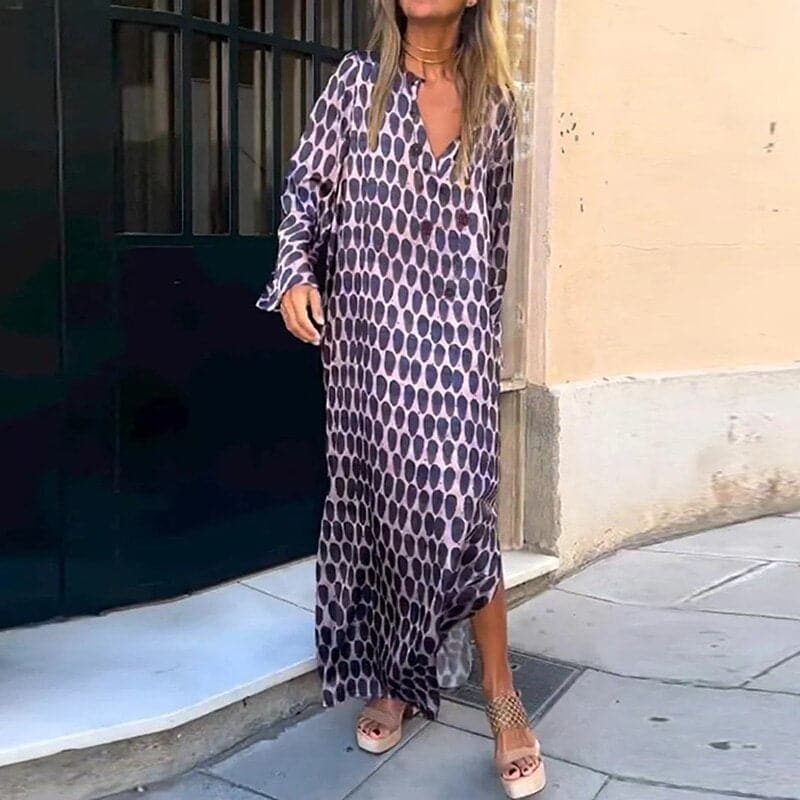 Women’s Maxi Dress – Loose Fit – V-Neck – Long Sleeve – Side Slits – Bold Print