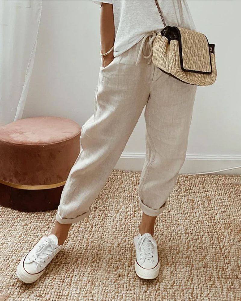 Women's Trousers - Relaxed Fit - Drawstring Waist - Casual Everyday Comfort