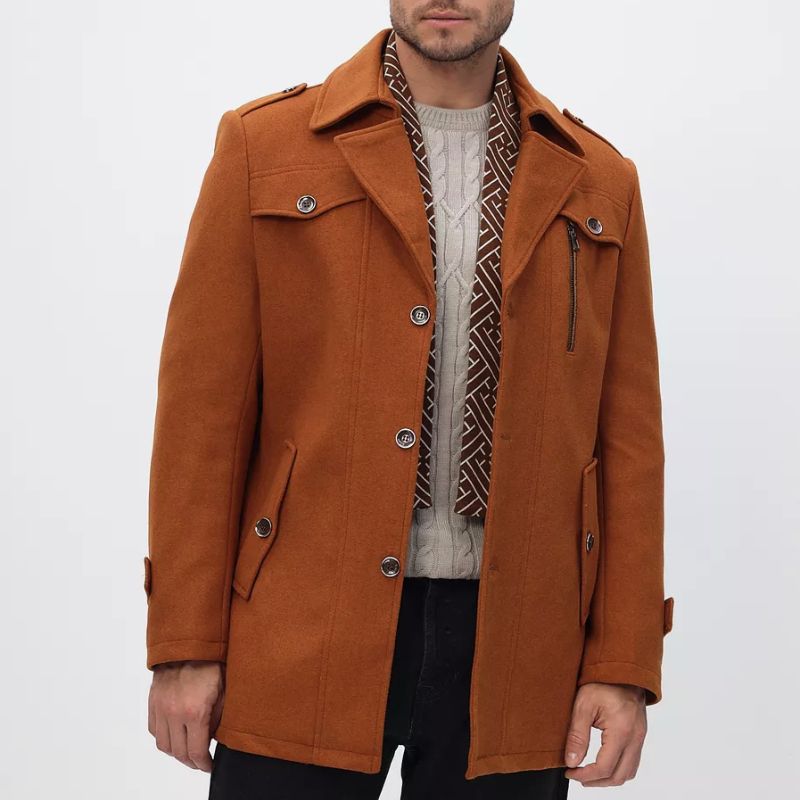 Men’s Mid-Length Coat – Tailored Fit – Wool Blend – Notched Lapel – Button Front