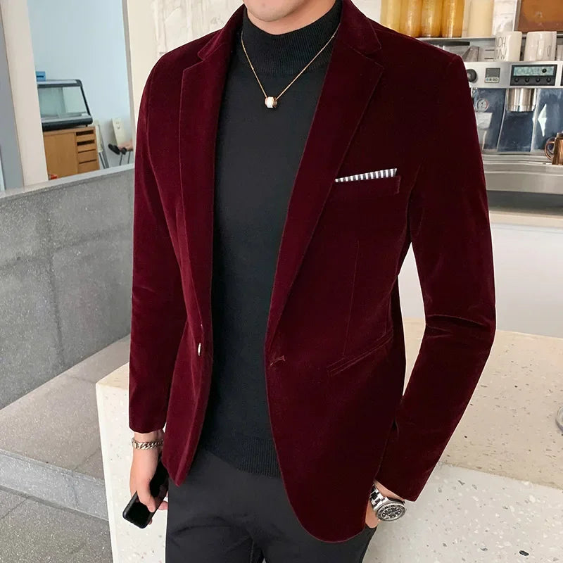 Men’s Blazer – Slim Fit Velvet – Single Button – Notch Lapel Formal Wear