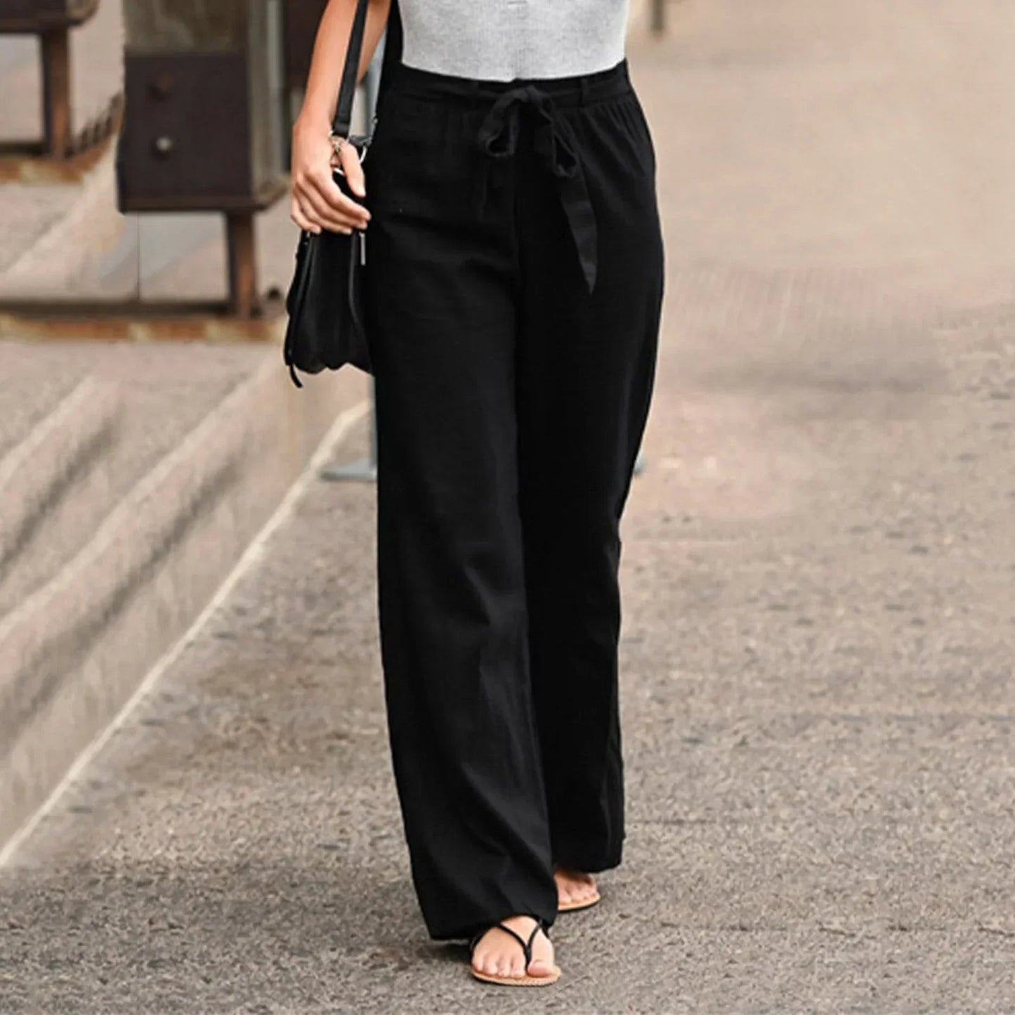 Women’s Wide-Leg Trousers – High Waist – Breathable Blend – Fabric Tie Belt – Full Length
