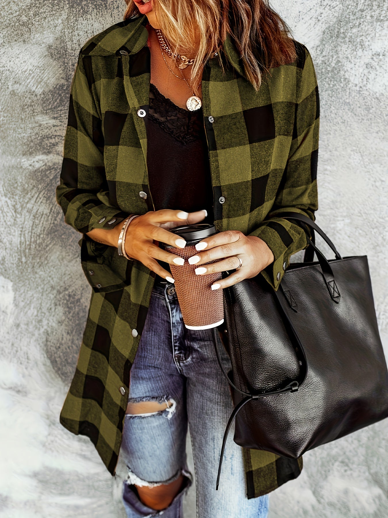 Women's Plaid Shirt - Long Sleeve Button-Up - Relaxed Fit - Soft Woven Fabric