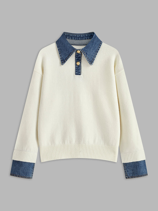 Women’s Sweater – Relaxed Fit – Knit Body – Denim Collar and Cuffs – Layered Look