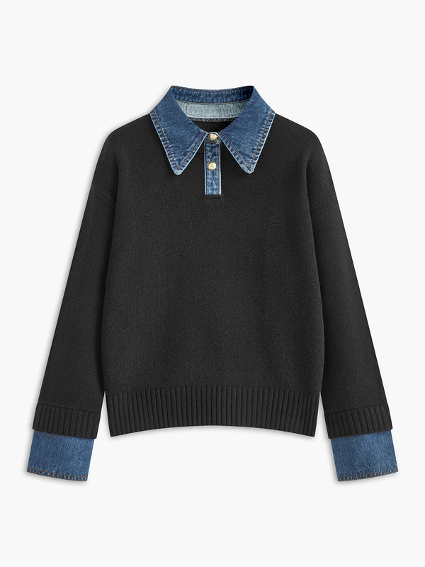Women’s Sweater – Relaxed Fit – Knit Body – Denim Collar and Cuffs – Layered Look