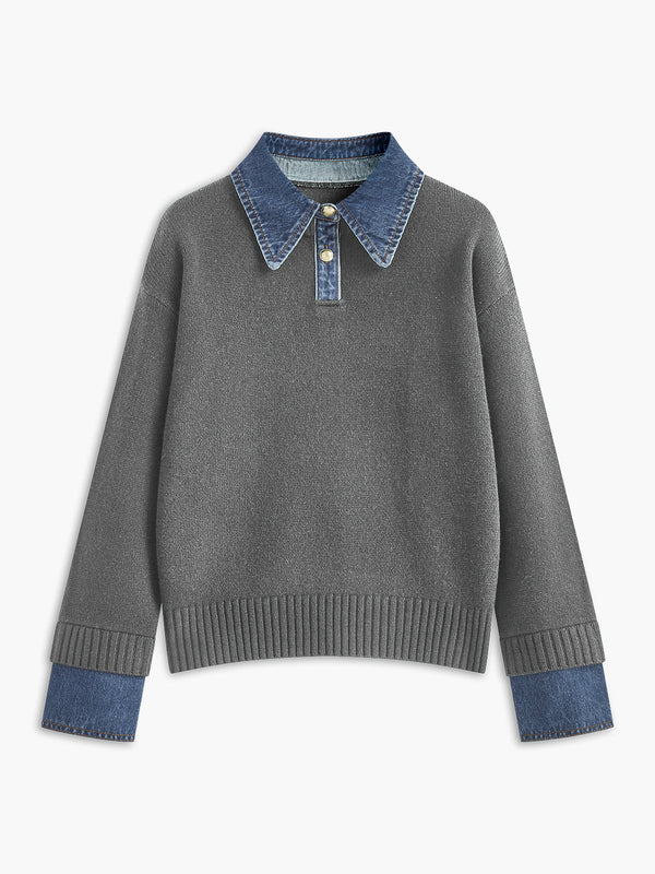 Women’s Sweater – Relaxed Fit – Knit Body – Denim Collar and Cuffs – Layered Look