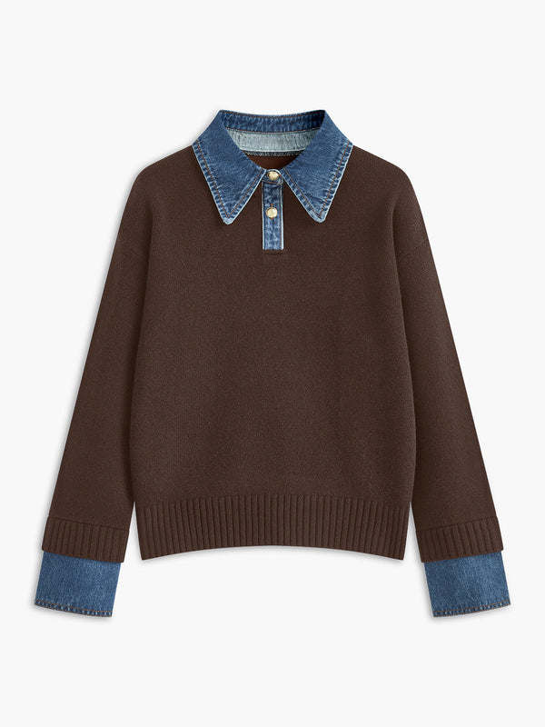 Women’s Sweater – Relaxed Fit – Knit Body – Denim Collar and Cuffs – Layered Look