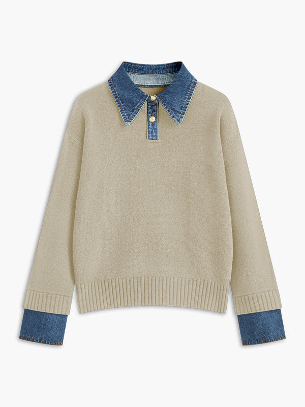 Women’s Sweater – Relaxed Fit – Knit Body – Denim Collar and Cuffs – Layered Look