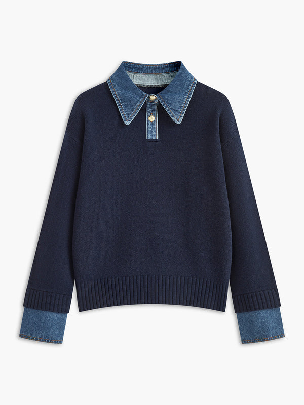 Women’s Sweater – Relaxed Fit – Knit Body – Denim Collar and Cuffs – Layered Look