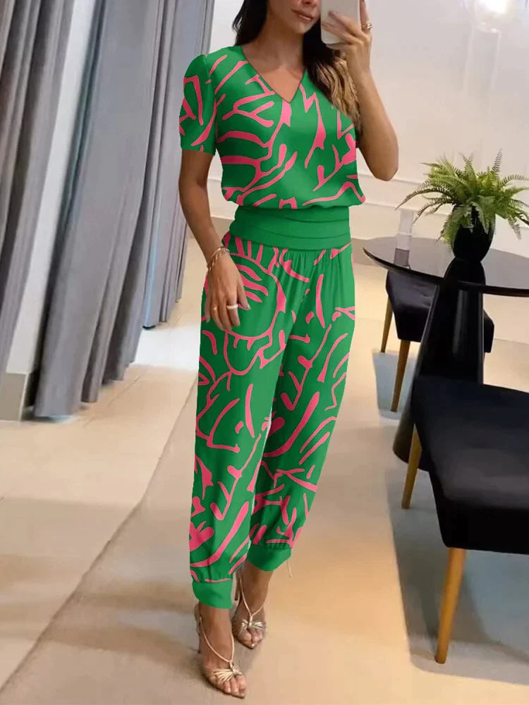 Women's Two-Piece Set – V-Neck Short Sleeve Top & Elastic Waist Pants – Relaxed Fit