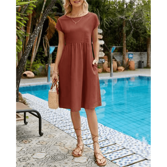 Women's Cotton Linen Short Sleeve Midi Dress