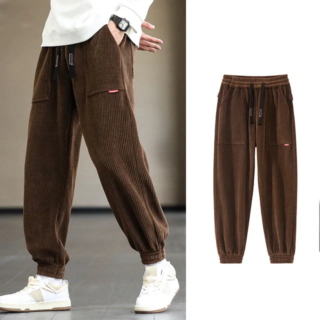 Men’s Corduroy Joggers - Relaxed Fit - Elastic Cuffs - Drawstring Waist - Casual Trousers