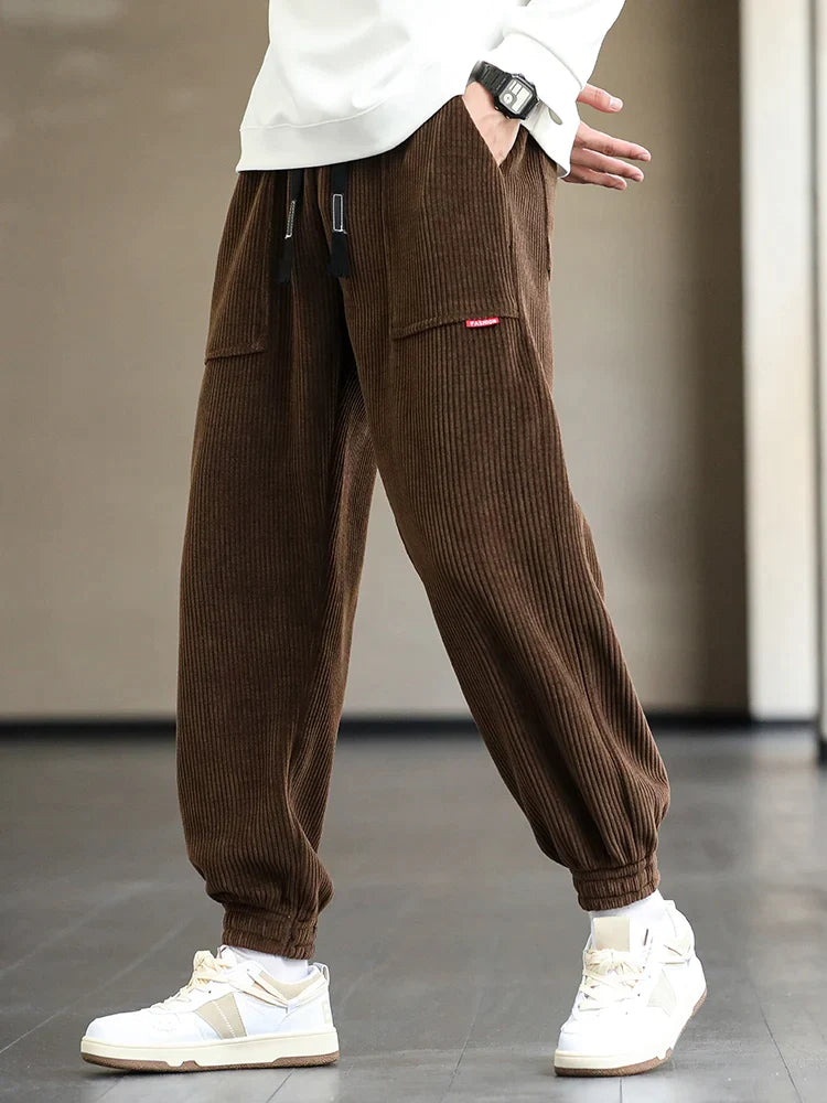 Men’s Corduroy Joggers - Relaxed Fit - Elastic Cuffs - Drawstring Waist - Casual Trousers